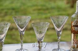 6 Vintage Etched Wine Glasses, Set of 6 Mis-Matched Wine Champagne Glasses
