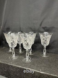 (6) Vintage Fostoria Heather Clear Etched Stemmed 6.5 Wine Glasses SEE PICS