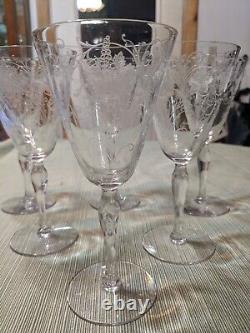 6 Vintage Fostoria Woodland Etched Crystal Wine Glasses/ Water Goblets 1920's