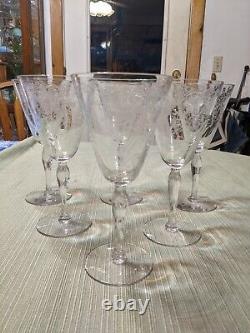 6 Vintage Fostoria Woodland Etched Crystal Wine Glasses/ Water Goblets 1920's