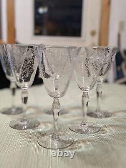 6 Vintage Fostoria Woodland Etched Crystal Wine Glasses/ Water Goblets 1920's
