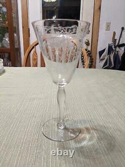 6 Vintage Fostoria Woodland Etched Crystal Wine Glasses/ Water Goblets 1920's