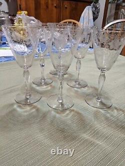 6 Vintage Fostoria Woodland Etched Crystal Wine Glasses/ Water Goblets 1920's