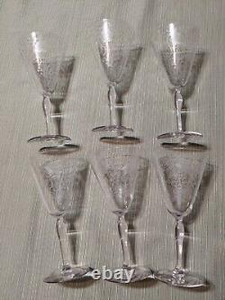 6 Vintage Fostoria Woodland Etched Crystal Wine Glasses/ Water Goblets 1920's