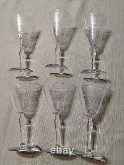 6 Vintage Fostoria Woodland Etched Crystal Wine Glasses/ Water Goblets 1920's