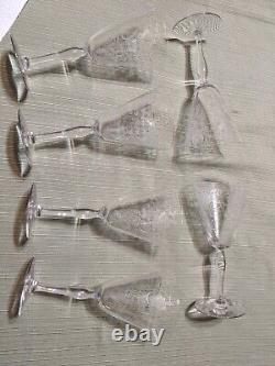 6 Vintage Fostoria Woodland Etched Crystal Wine Glasses/ Water Goblets 1920's