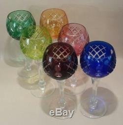 6 Vintage German Cyrstal Hock Wine Glasses Cut to Clear 60's Multi Colour Set