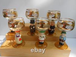 6 Vintage Goebel Hummel Figurine Cordial Wine Glasses Goblets Germany Gold Trim