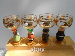 6 Vintage Goebel Hummel Figurine Cordial Wine Glasses Goblets Germany Gold Trim