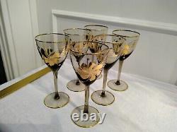 6 Vintage Hand Blown Hungarian 6 Tall Gold Gilted Wine Glasses