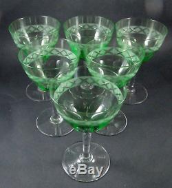 6 Vintage Holmegaard Crystal Cut Etched Ejby Green Wine Glasses J Bang 1937