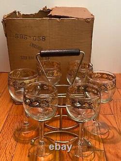 6 Vintage MCM Culver Valencia Wine Glass Goblets & CADDY RACK IN ORIGINAL BOX