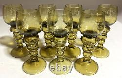 6 Vintage MCM Roemer Rhine Olive Green Wine Glass Goblet Etched Grapes Germany