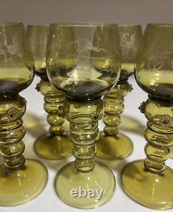 6 Vintage MCM Roemer Rhine Olive Green Wine Glass Goblet Etched Grapes Germany