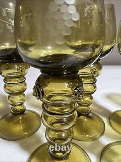 6 Vintage MCM Roemer Rhine Olive Green Wine Glass Goblet Etched Grapes Germany