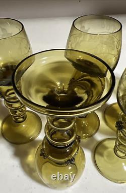 6 Vintage MCM Roemer Rhine Olive Green Wine Glass Goblet Etched Grapes Germany