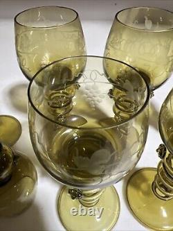 6 Vintage MCM Roemer Rhine Olive Green Wine Glass Goblet Etched Grapes Germany