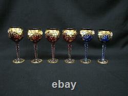 6 Vintage Murano Glass Wine Goblets Enamel Flowers Red and Blue Gilt Accents