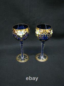 6 Vintage Murano Glass Wine Goblets Enamel Flowers Red and Blue Gilt Accents