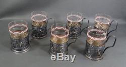 6 Vintage Russian Tea Cup Glasses Metal Holder Podstakannik Full Set Grapes Wine