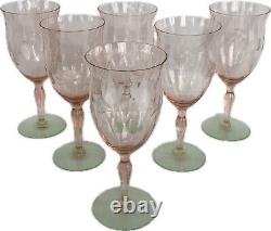 6 Vintage Weston Watermelon Pink Green Uranium Optic Water Wine Glass Goblet Set