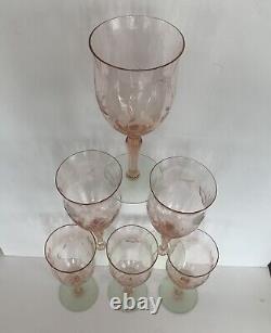 6 Vintage Weston Watermelon Pink Green Uranium Optic Water Wine Glass Goblet Set