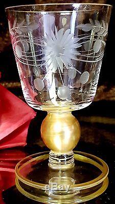 6 Vntg 3 oz CUT FLOWER Crystal Wine or Cordial Glasses UNIQUE GOLD BALL STEMS+