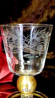 6 Vntg 3 oz CUT FLOWER Crystal Wine or Cordial Glasses UNIQUE GOLD BALL STEMS+