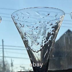 6 Vtg Elegant Glass 1930s CUT CRYSTAL Wine Goblets Water Cocktail Trumpet Flutes