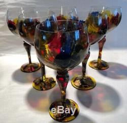 6 Vtg Euroglass Mouthblowed Stained Wine Glasses Hand Made In Romania FREE SHIP