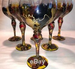 6 Vtg Euroglass Mouthblowed Stained Wine Glasses Hand Made In Romania FREE SHIP