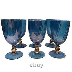 6 Vtg Murano Swirl Iridescent Blue Purple Art Glass Water Goblets Wine Glasses