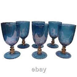 6 Vtg Murano Swirl Iridescent Blue Purple Art Glass Water Goblets Wine Glasses