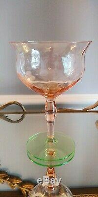 6 Vtg TIFFIN Watermelon Pink &Green Diamond Optic Etched Sherbet & Wine Glasses