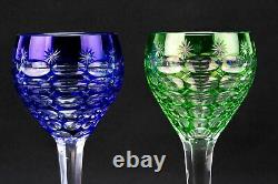 6 Wine Stem Glasses Colour Cut Crystal Blue Green Orange Purple Lavender Vintage