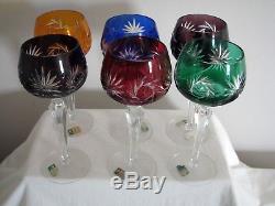6 rainbow color wine goblets CUT TO CLEAR German vintage lead crystal