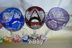 6 x Vintage BOHEMIAN HARLEQUIN OVERLAY HOCK WINE GLASSES Excellent Cond