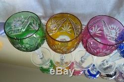 6 x Vintage BOHEMIAN HARLEQUIN OVERLAY HOCK WINE GLASSES Excellent Cond