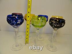 7 Antique Vintage Czech Bohemian Color Clear Wine Hock Cut Crystal Glasses ZE2-2
