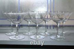 7 Art Deco Etched Pall Mall Glass Wine Champagne Glasses Vintage 1930s