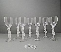 7 Bayel Bacchus Wine Glasses Frosted Male Nude Crystal Stem France Vintage Deco