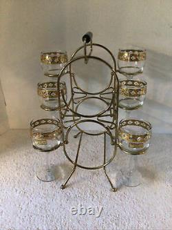 7 Pc Vtg Culver Valencia 2 Bottle Caddy 6 Stem 6 Oz Wine Goblets Green Diamond