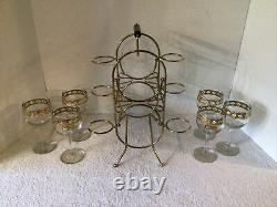 7 Pc Vtg Culver Valencia 2 Bottle Caddy 6 Stem 6 Oz Wine Goblets Green Diamond