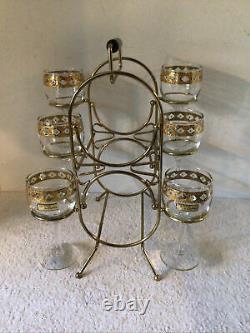 7 Pc Vtg Culver Valencia 2 Bottle Caddy 6 Stem 6 Oz Wine Goblets Green Diamond