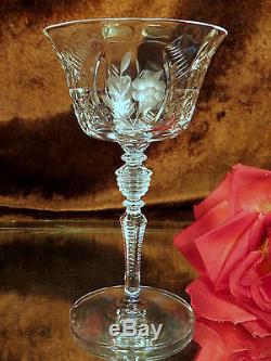 7 Vintage Crystal Goblets Wine Glasses CUT FLOWERS LEAVES NOTCHED RING STEMS