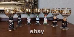 7 Vintage Hummel Wine Blown Glasses Trimmed 14k Gold Etched Glass Germany Goebel