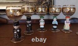7 Vintage Hummel Wine Blown Glasses Trimmed 14k Gold Etched Glass Germany Goebel