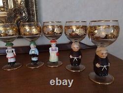 7 Vintage Hummel Wine Blown Glasses Trimmed 14k Gold Etched Glass Germany Goebel