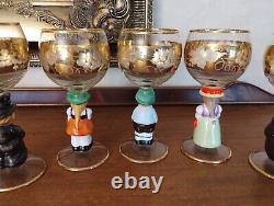 7 Vintage Hummel Wine Blown Glasses Trimmed 14k Gold Etched Glass Germany Goebel