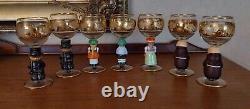 7 Vintage Hummel Wine Blown Glasses Trimmed 14k Gold Etched Glass Germany Goebel